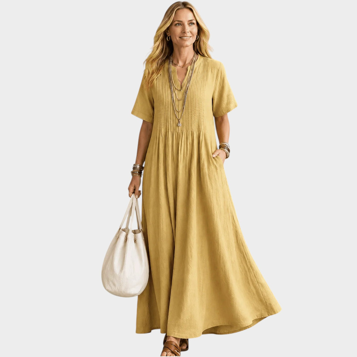 Women’s Pleated V-Neck Maxi Dress with Short Sleeves and Side Pockets