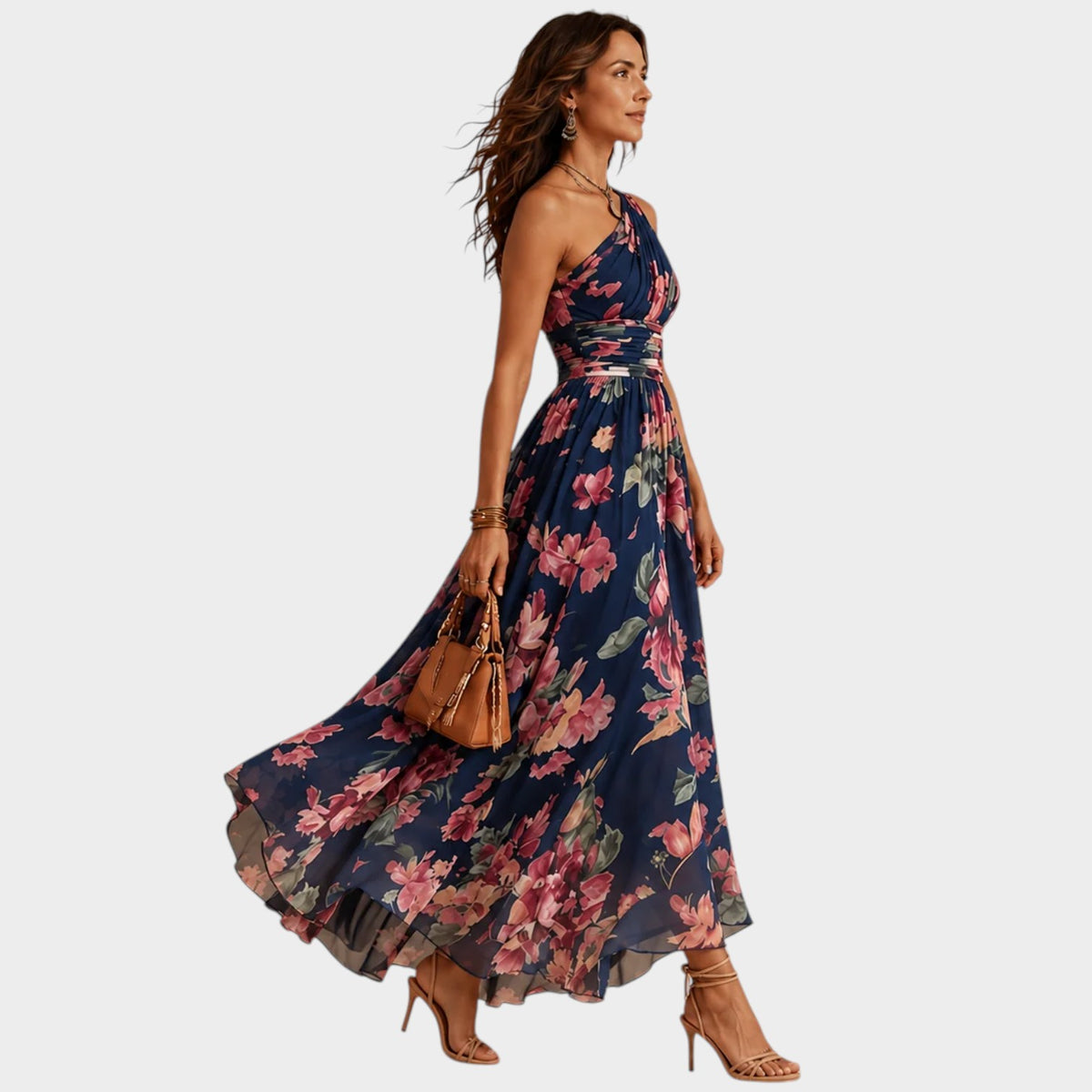 Women’s Floral Chiffon Maxi Dress with Crossover Waist and Asymmetric Hem