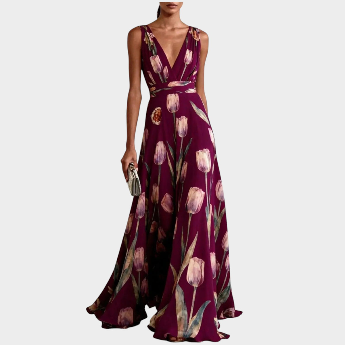 Women’s Floral Print Maxi Dress with Sleeveless Wrap Bodice and V-Neck