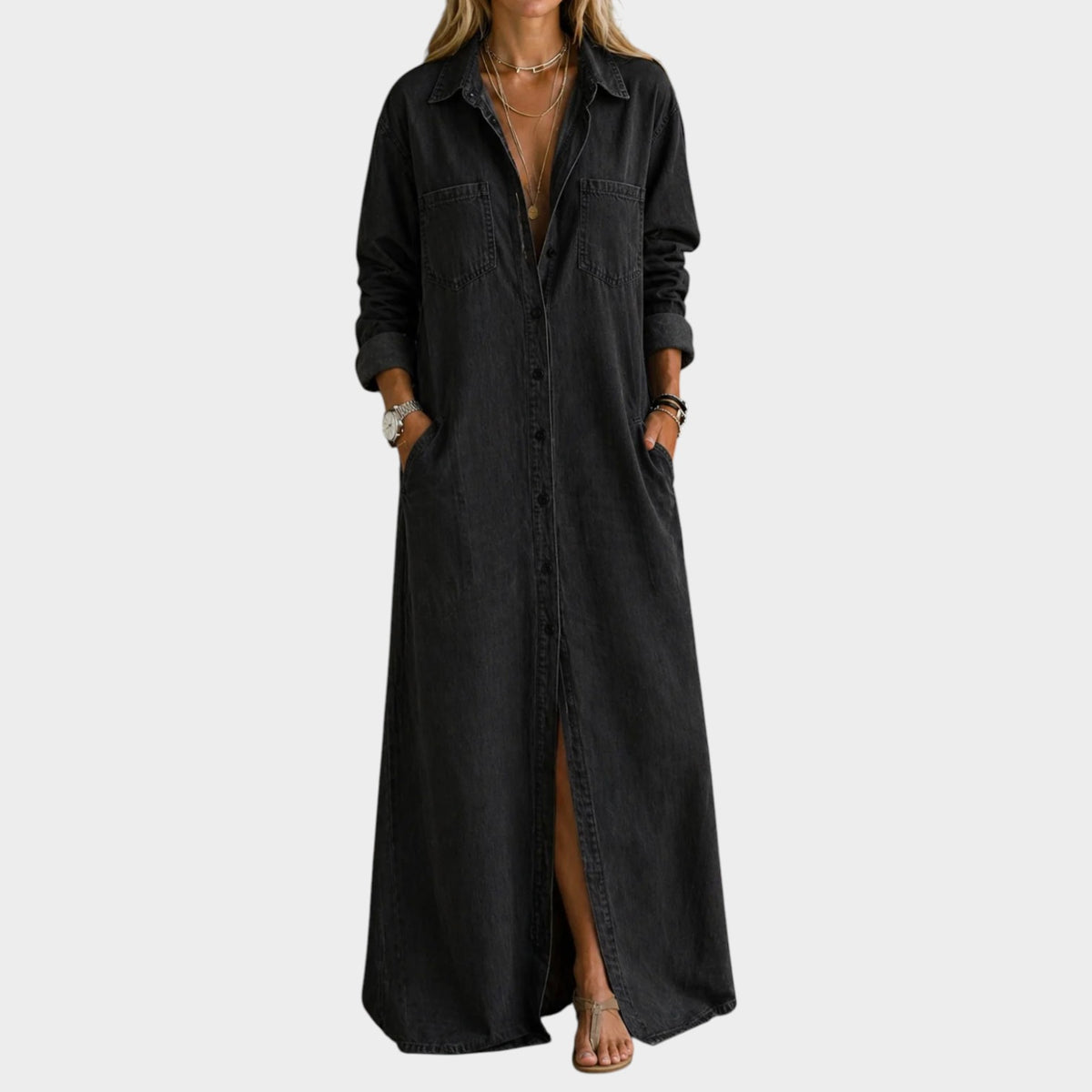 Women’s Denim Shirt Maxi Dress with Button-Down Front and Side Pockets