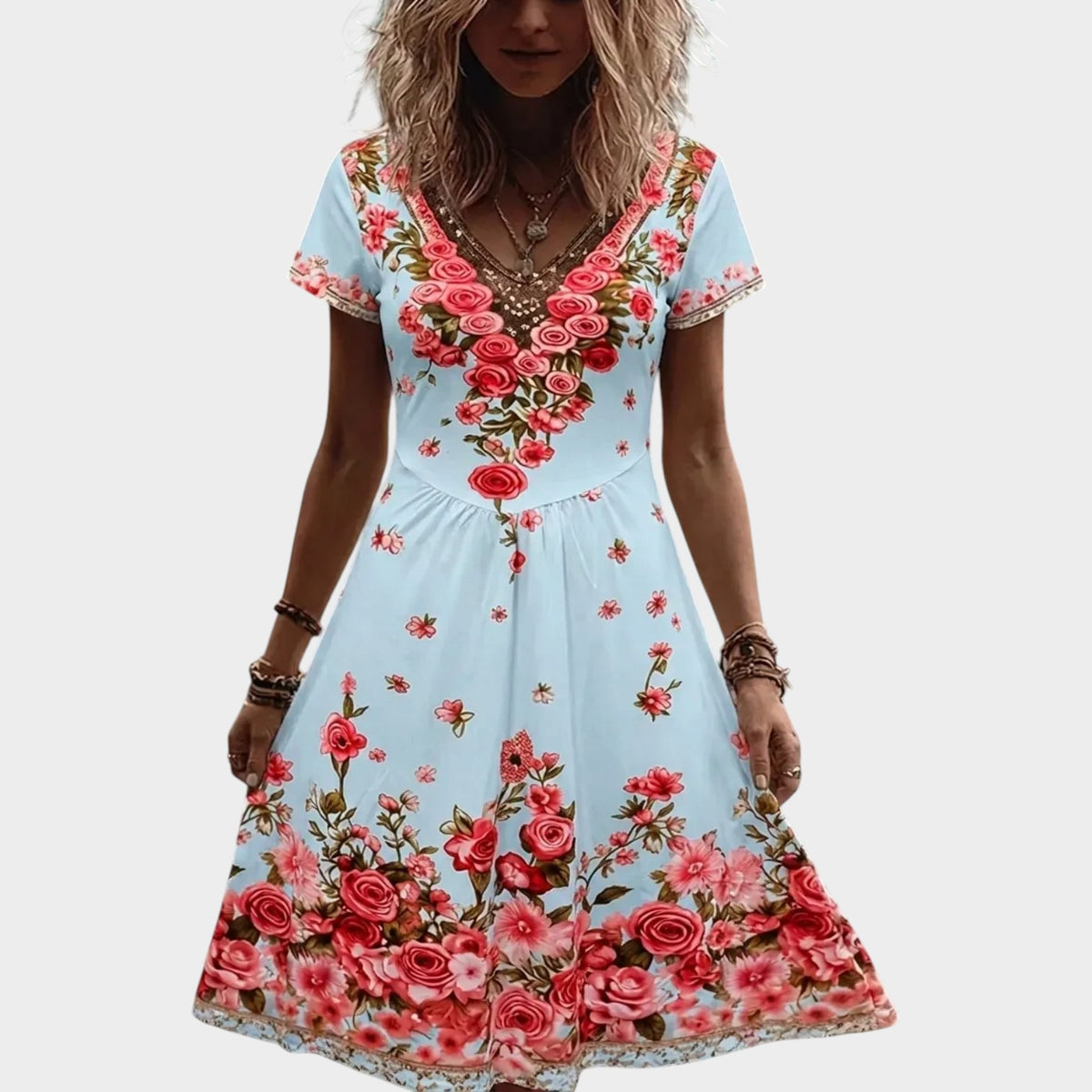 Women’s Floral V-Neck Midi Dress with Short Sleeves