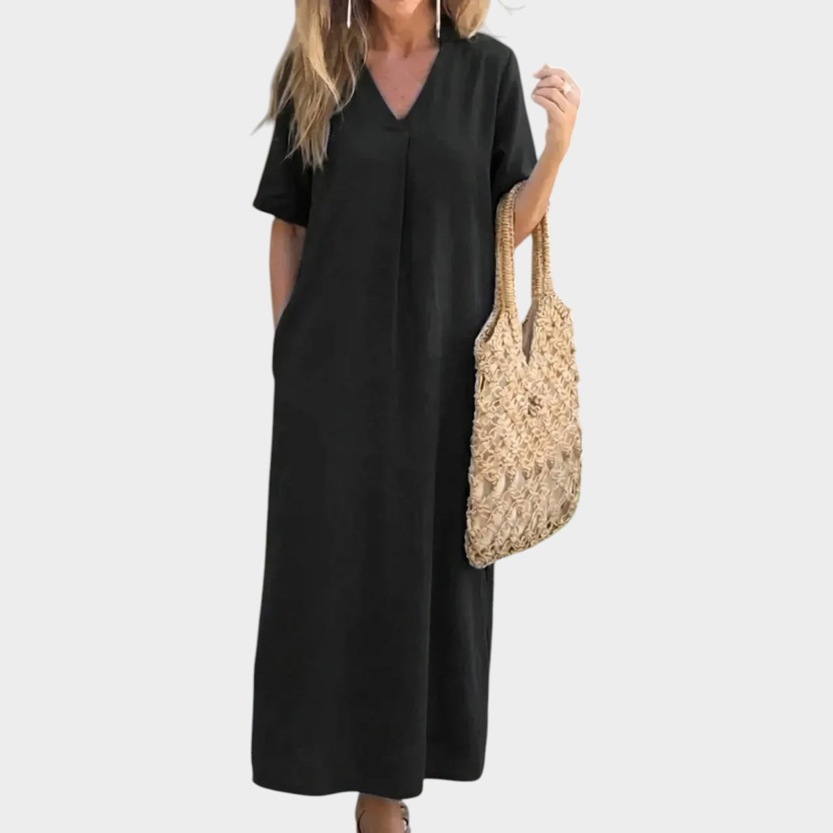 Women’s Cotton and Linen Maxi Dress with V-Neck and Short Sleeves