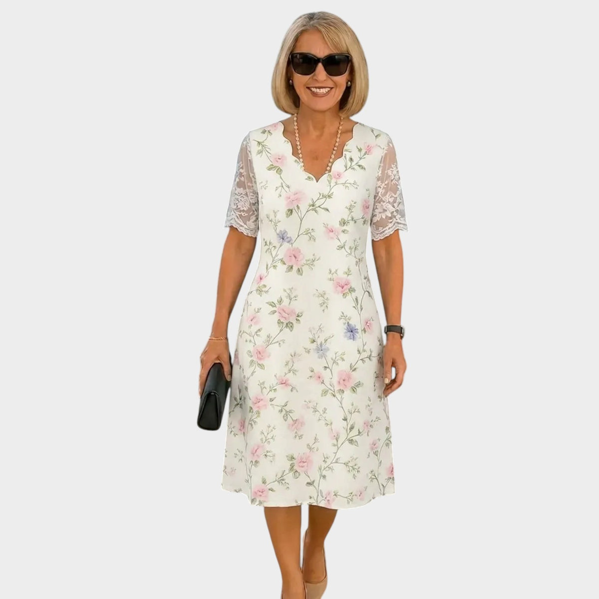Women’s Floral Midi Dress with Lace Trim and Short Sleeves