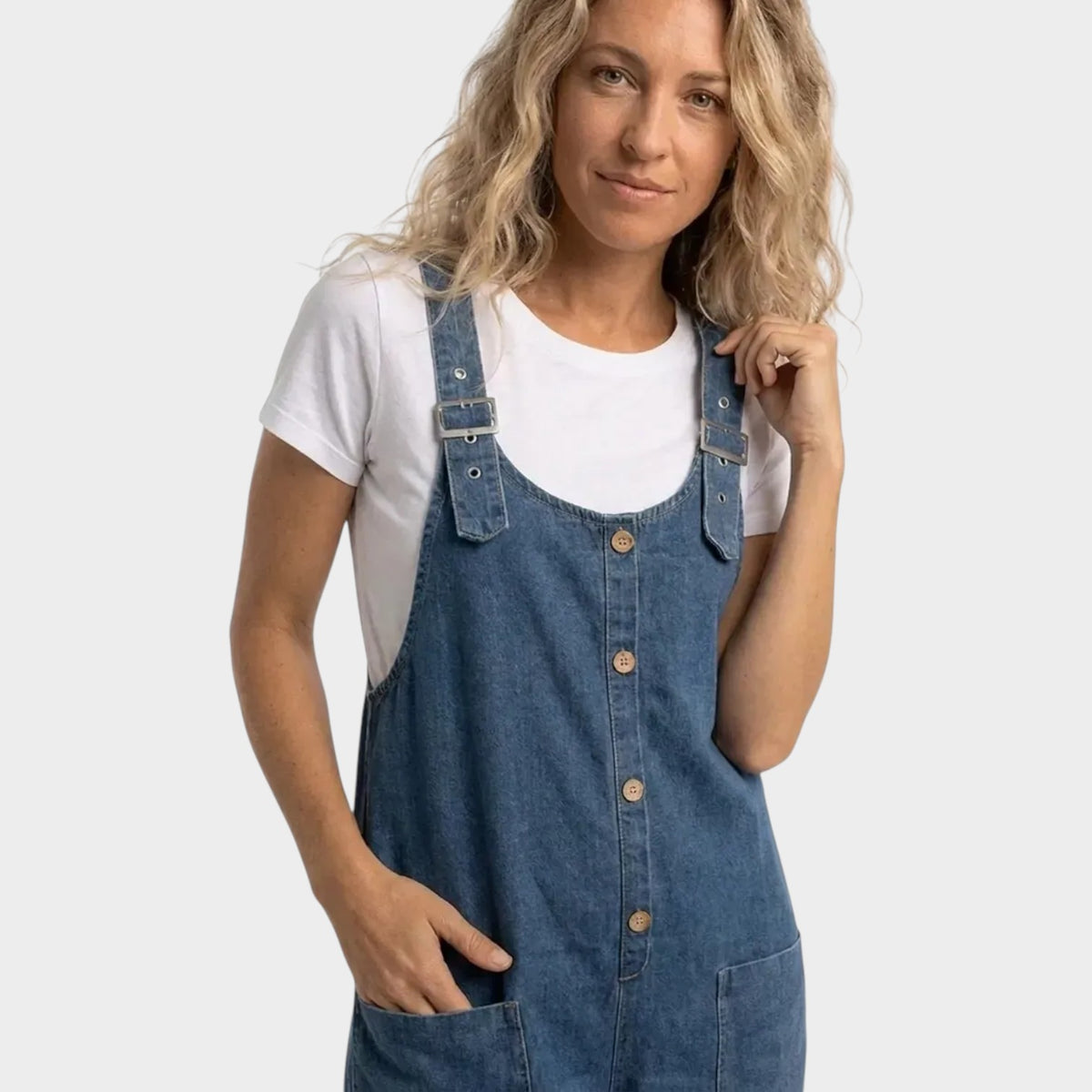 Women’s Denim Overalls Wide-Leg Adjustable Buckle Straps Front Pockets