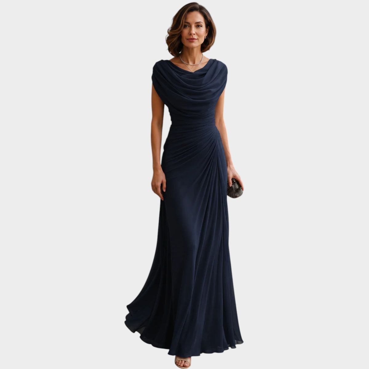 Women’s Ruched Maxi Evening Dress with Draped Cowl Neckline