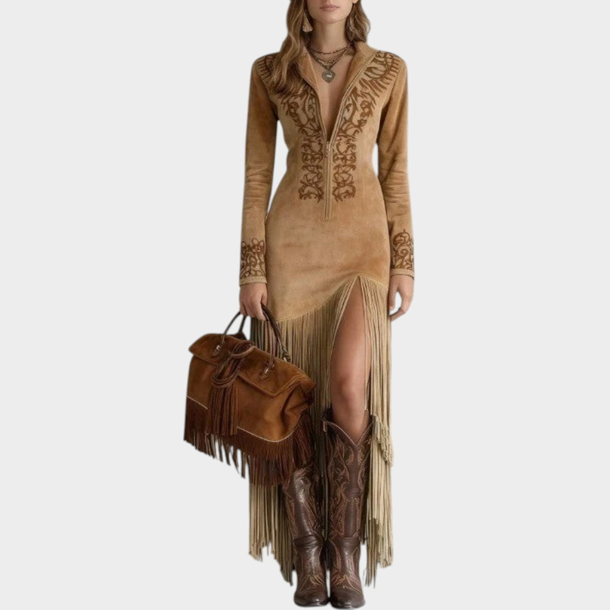 Women’s Western Maxi Dress with Embroidered Neckline and Side Slit