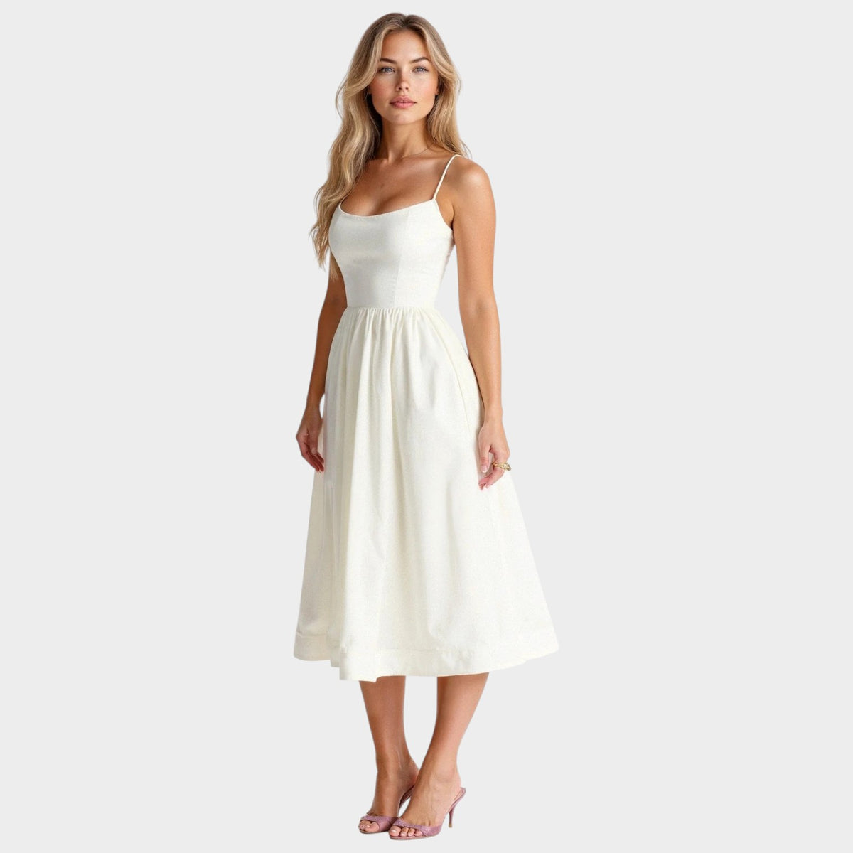 Women’s Sleeveless Midi Dress Square Neckline Flared Skirt