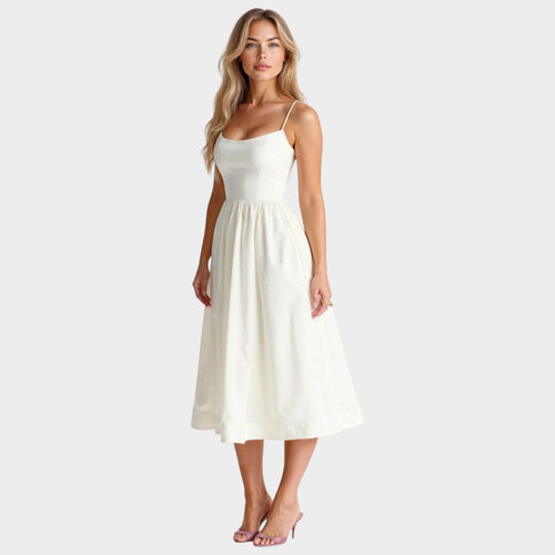 Women’s Sleeveless Midi Dress Square Neckline Flared Skirt