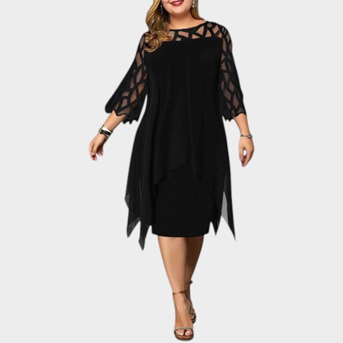Women’s Plus Size Midi Dress with Cut-Out Sleeves and Asymmetrical Hem