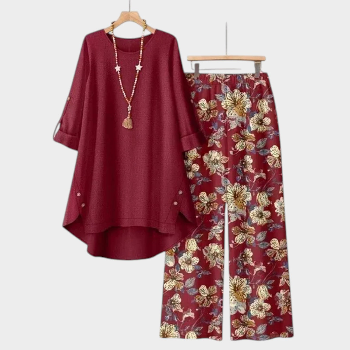Women’s Two-Piece Set with Button-Tab Top and Floral Wide-Leg Trousers
