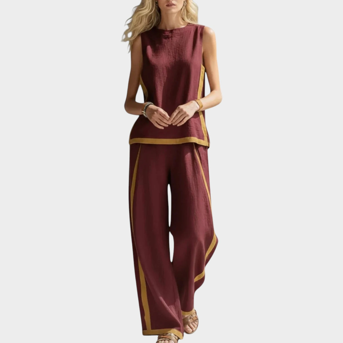 Women’s Two-Piece Set Sleeveless Top Wide-Leg Trousers Contrast Trim