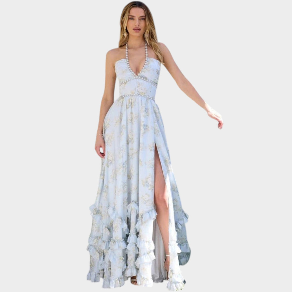 Women’s Floral Maxi Dress with Halter Neck, Deep V-Neckline and Ruffle Hem