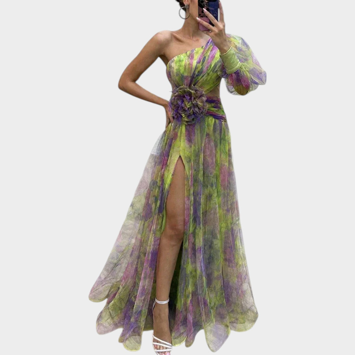 Women’s One-Shoulder Maxi Dress with Sheer Overlay, Floral Print and High Side Slit
