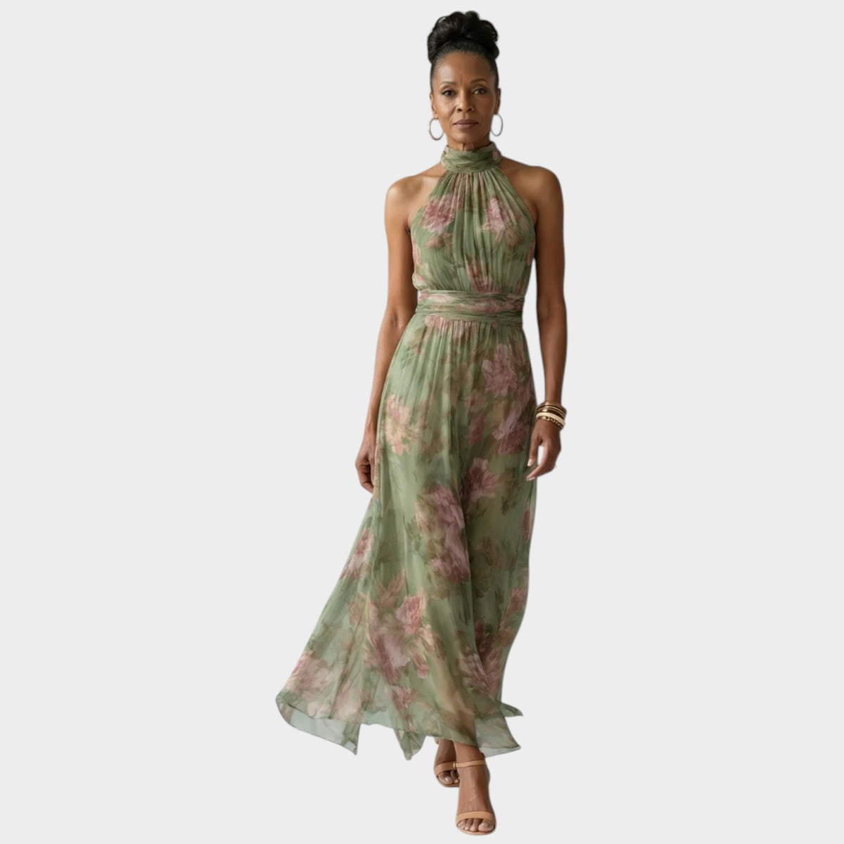 Women’s Floral Halter Midi Dress with Gathered Neckline and Defined Waist