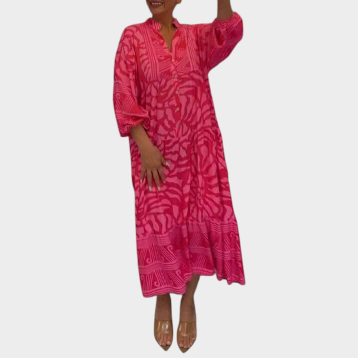 Women’s Floral Print Midi Dress with V-Neck and Long Sleeves