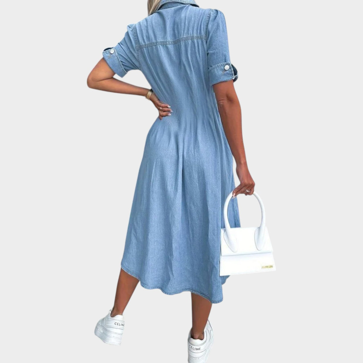 Women’s Denim Midi Dress with Button Front and Collared Design