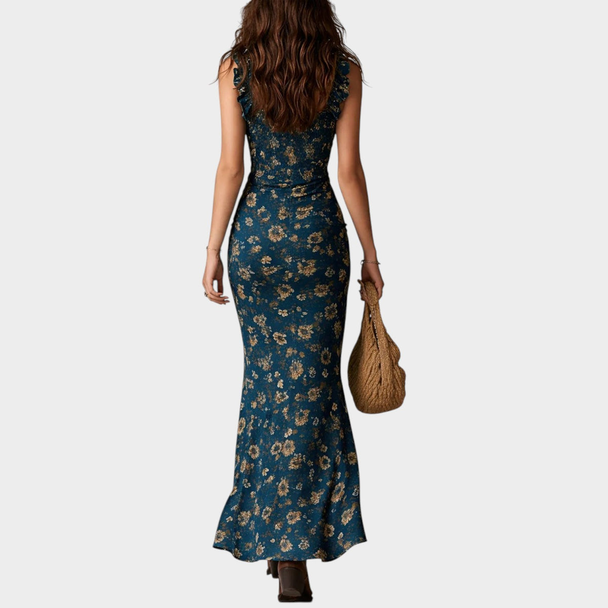 Women’s Boho Maxi Dress with Ruffle Straps, Floral Print and High Side Slit