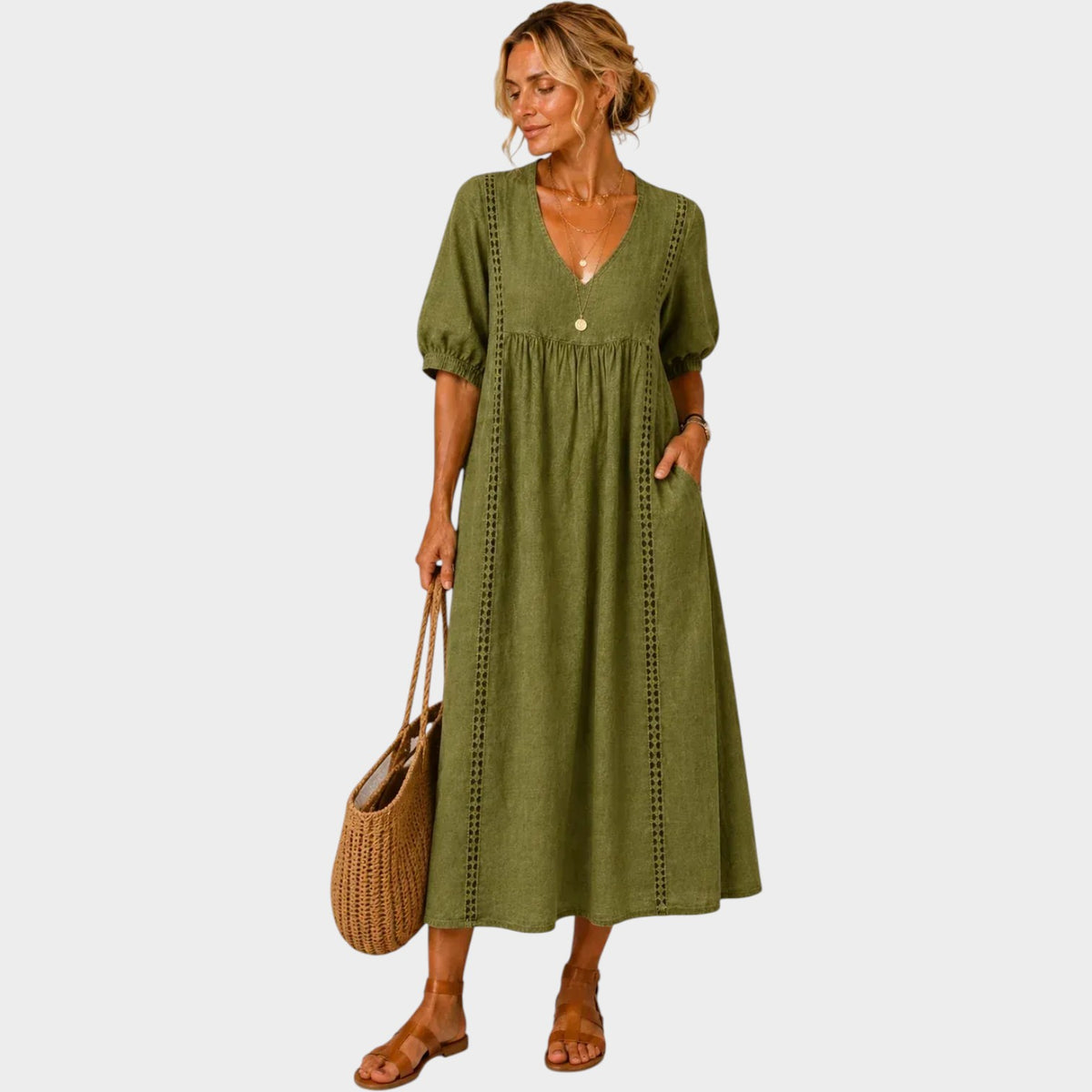 Women’s V-Neck Maxi Dress with Puff Sleeves and Lace Trim