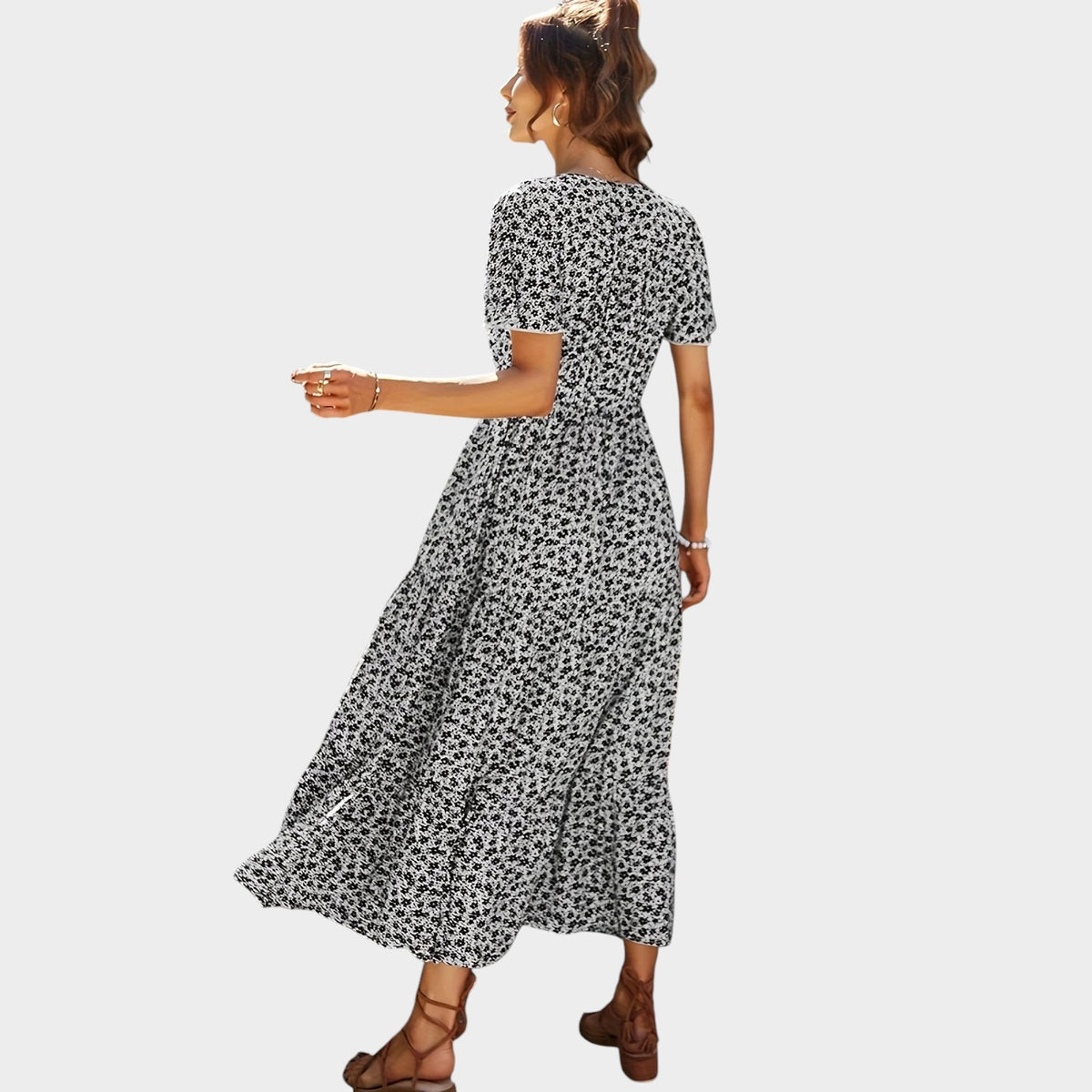 Women’s Floral Print Maxi Dress with V-Neckline, Short Sleeves and Button Front