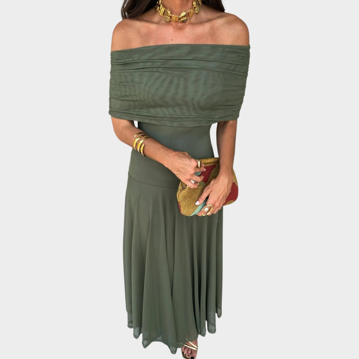Women’s Off-Shoulder Maxi Dress with Draped Neckline and Flowing Skirt