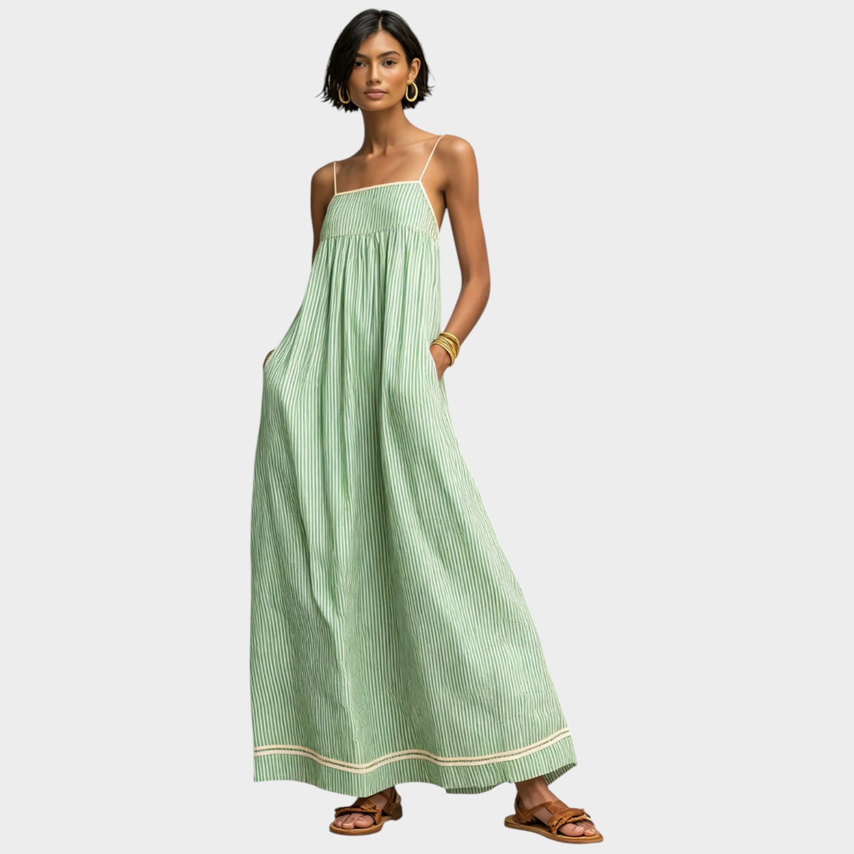 Women’s Striped Maxi Dress Spaghetti Straps Red Accent Detail