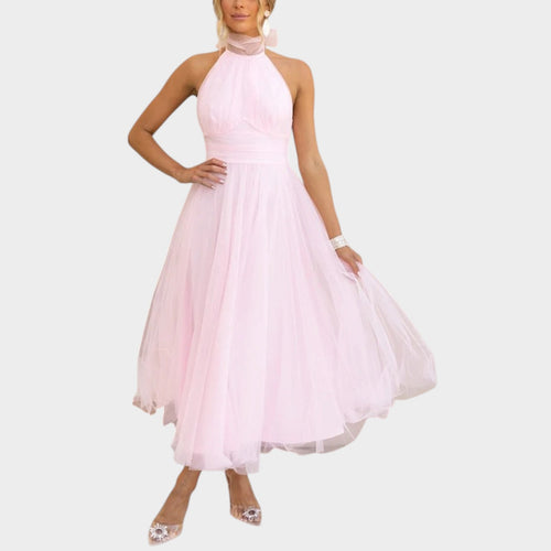 Women’s Halter Neck Midi Dress with Tulle Full Skirt