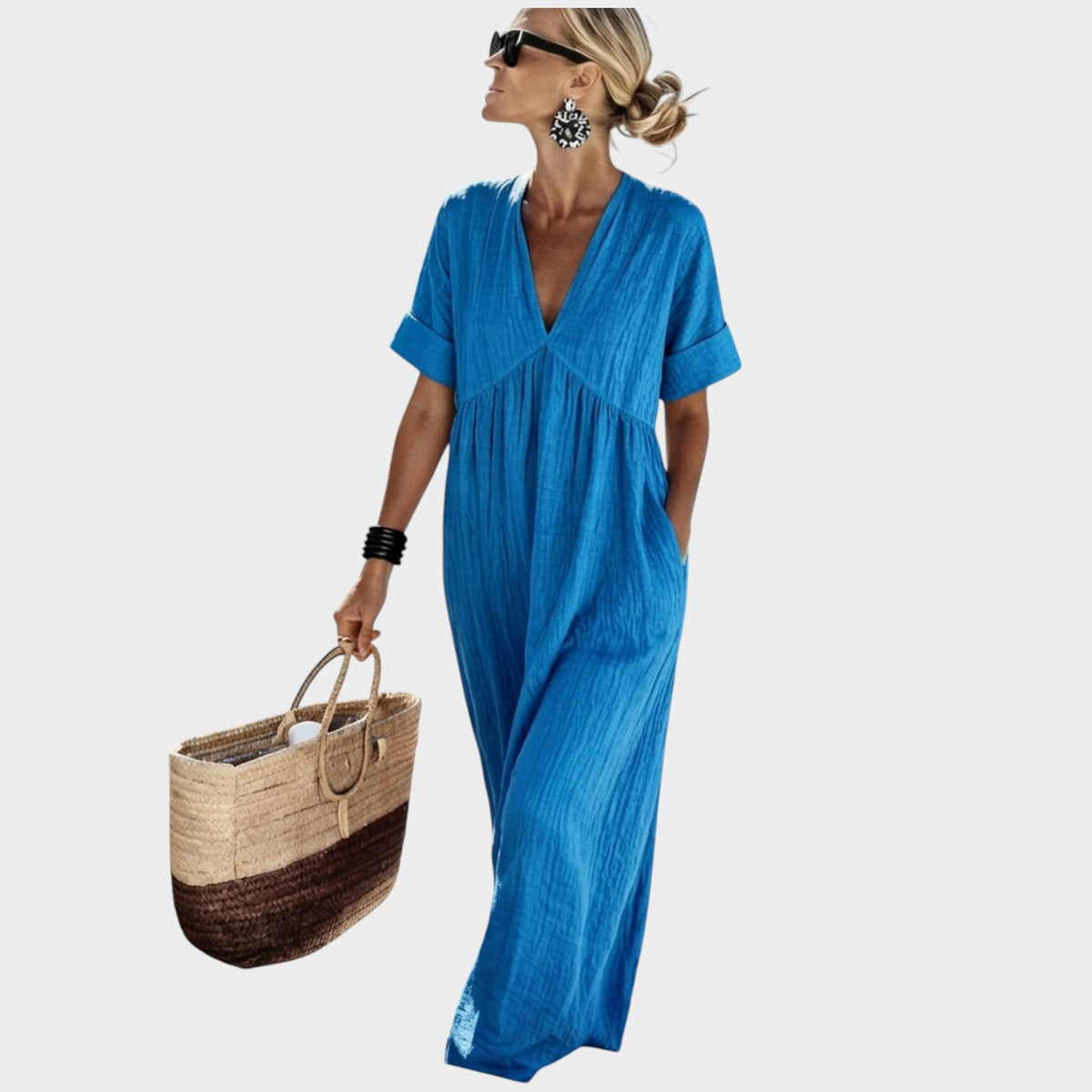 Women’s V-Neck Maxi Dress with Short Sleeves and Gathered Waist