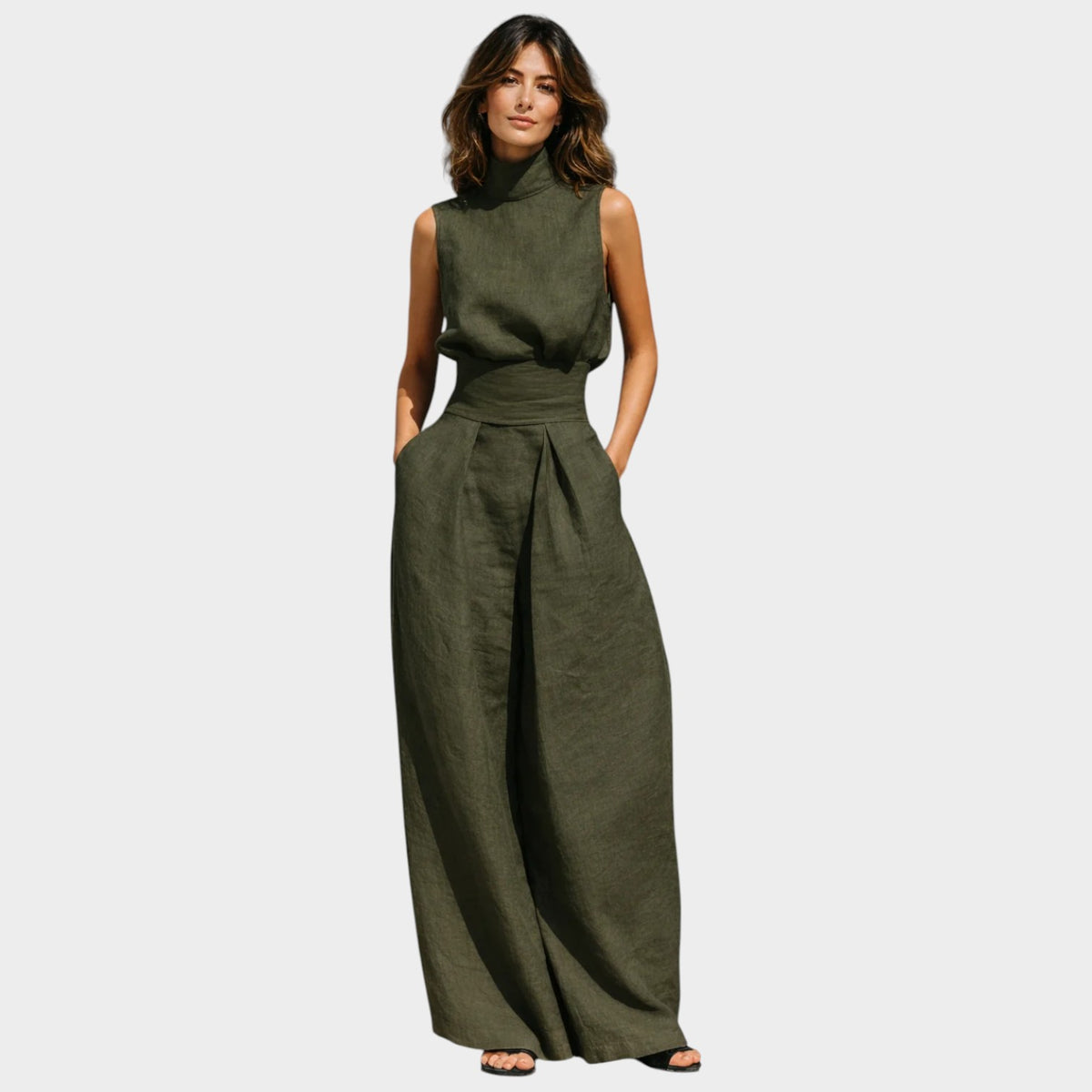 Women’s Two-Piece Linen-Cotton Set with Sleeveless Top and Wide-Leg Trousers
