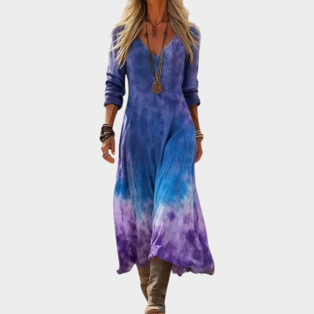 Women’s Vintage Print Midi Dress with Long Sleeves and V-Neck