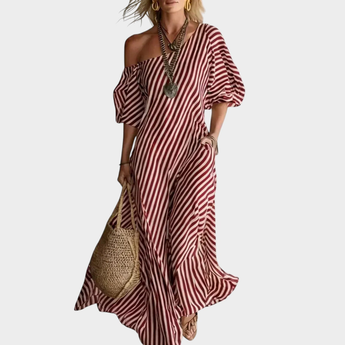 Women’s Striped Maxi Dress with One-Shoulder Neckline and Puff Sleeves