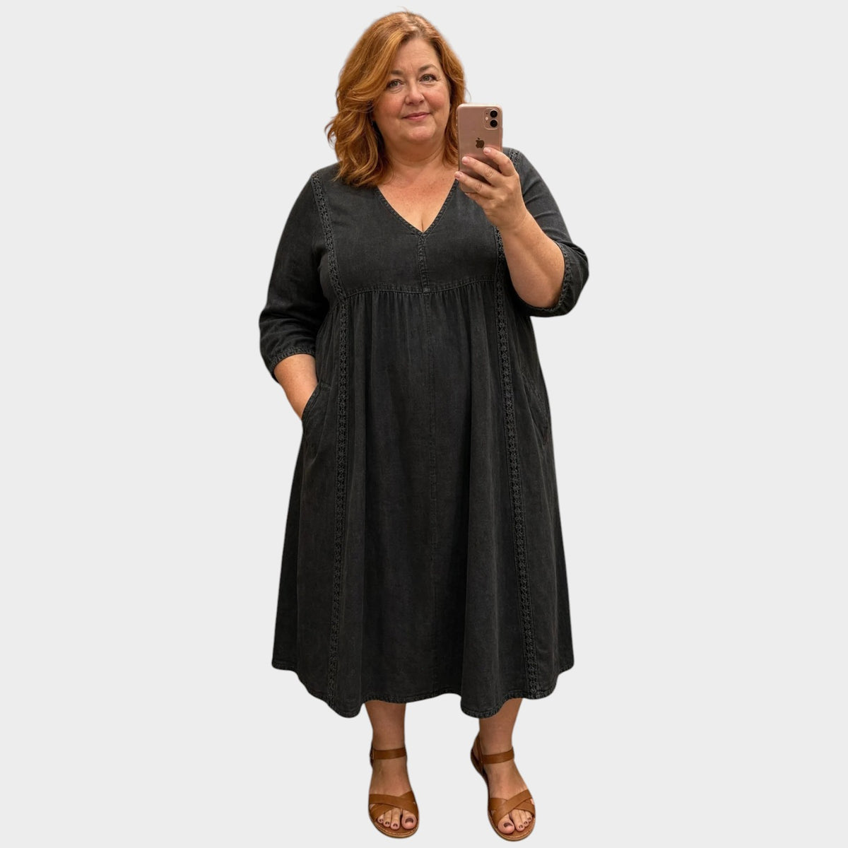 Women’s A-Line Midi Dress with V-Neck, Three-Quarter Sleeves and Lace Trim