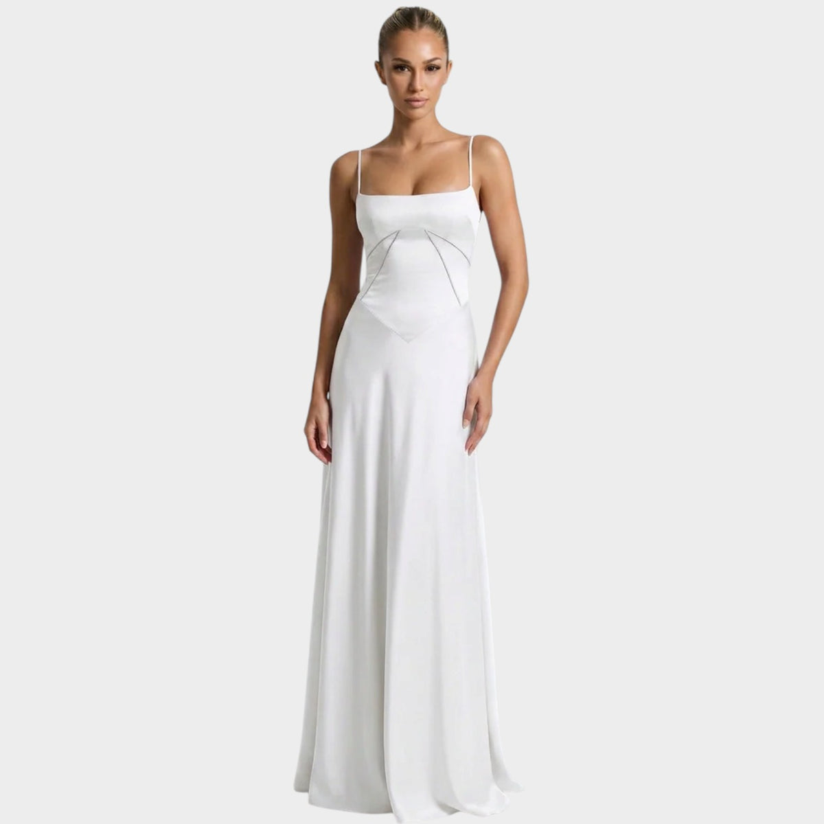 Women’s Satin Maxi Dress with Thin Straps Structured Bodice