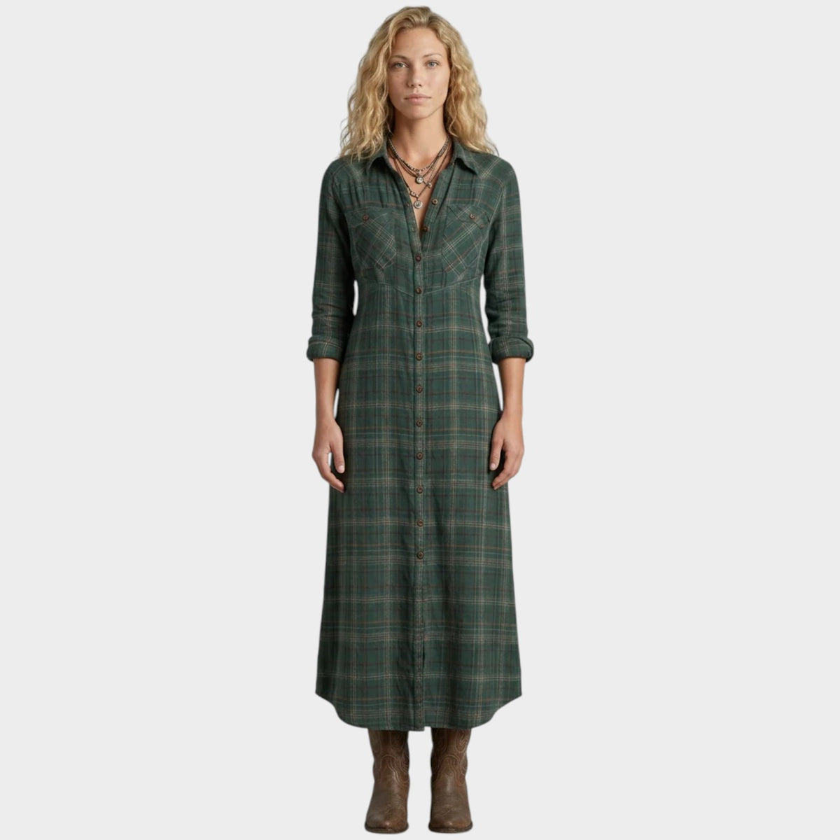 Women’s Plaid Shirt Maxi Dress with Button Front and Long Sleeves
