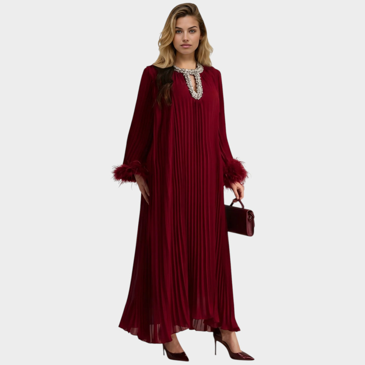 Women’s Pleated Maxi Dress with Embellished Keyhole Neckline and Feather Cuffs