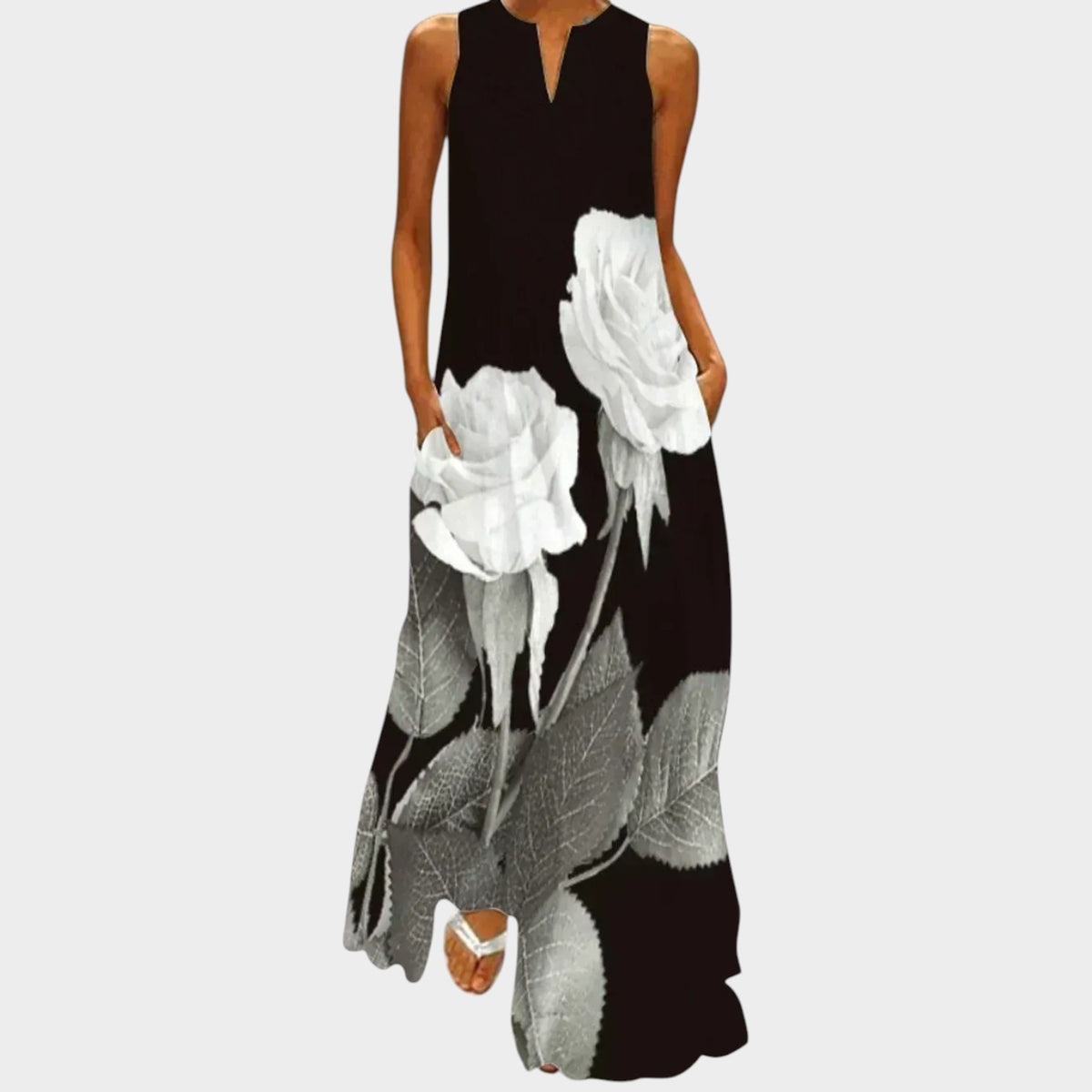 Women’s Sleeveless Maxi Dress with V-Neck, A-Line Fit and Printed Design