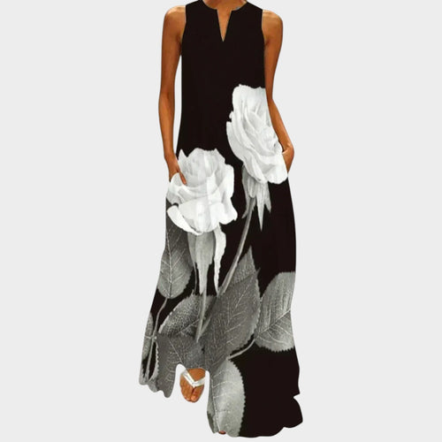 Women’s Sleeveless Maxi Dress with V-Neck, A-Line Fit and Printed Design
