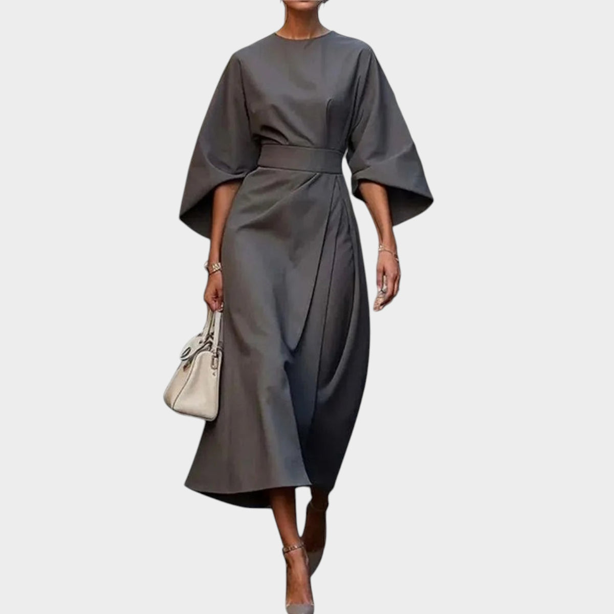 Women’s Satin Maxi Dress with Kimono Sleeves and Defined Waist