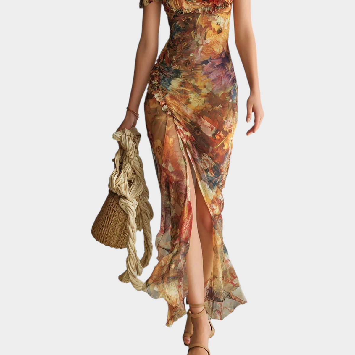 Women’s Floral Chiffon Maxi Dress with Puff Sleeves, Ruched Bodice and Side Slit
