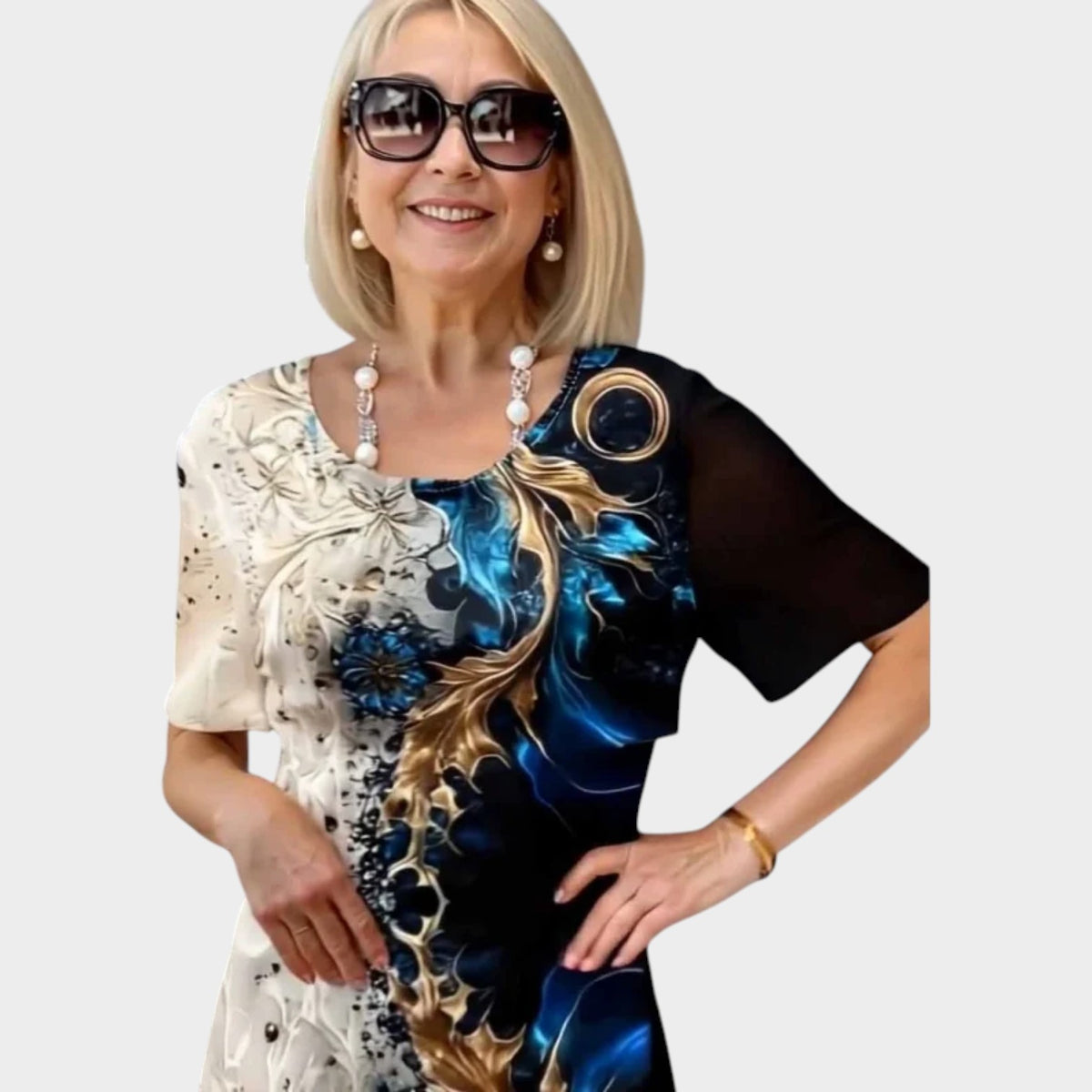 Women’s Floral Midi Dress with Round Neck and Short Sleeves