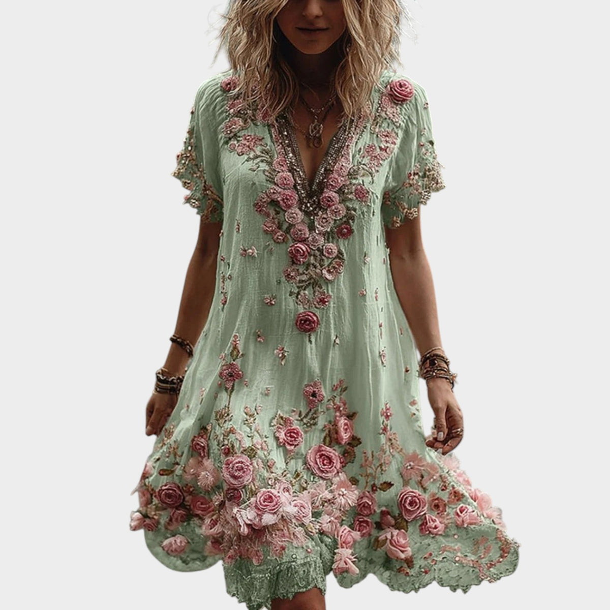 Women’s Floral Embroidered V-Neck Midi Dress with Short Sleeves
