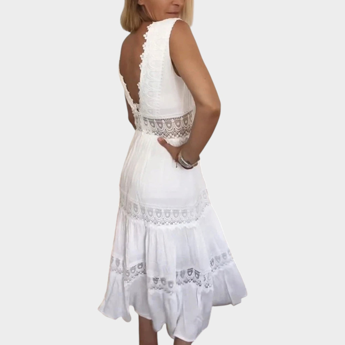 Women’s Lace V-Neck Maxi Dress with Layered Skirt and Flowing Fit