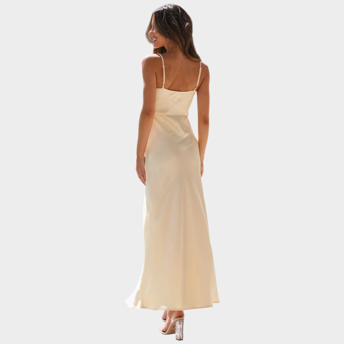 Women’s Satin Maxi Dress with Square Neckline, Spaghetti Straps and Side Slit