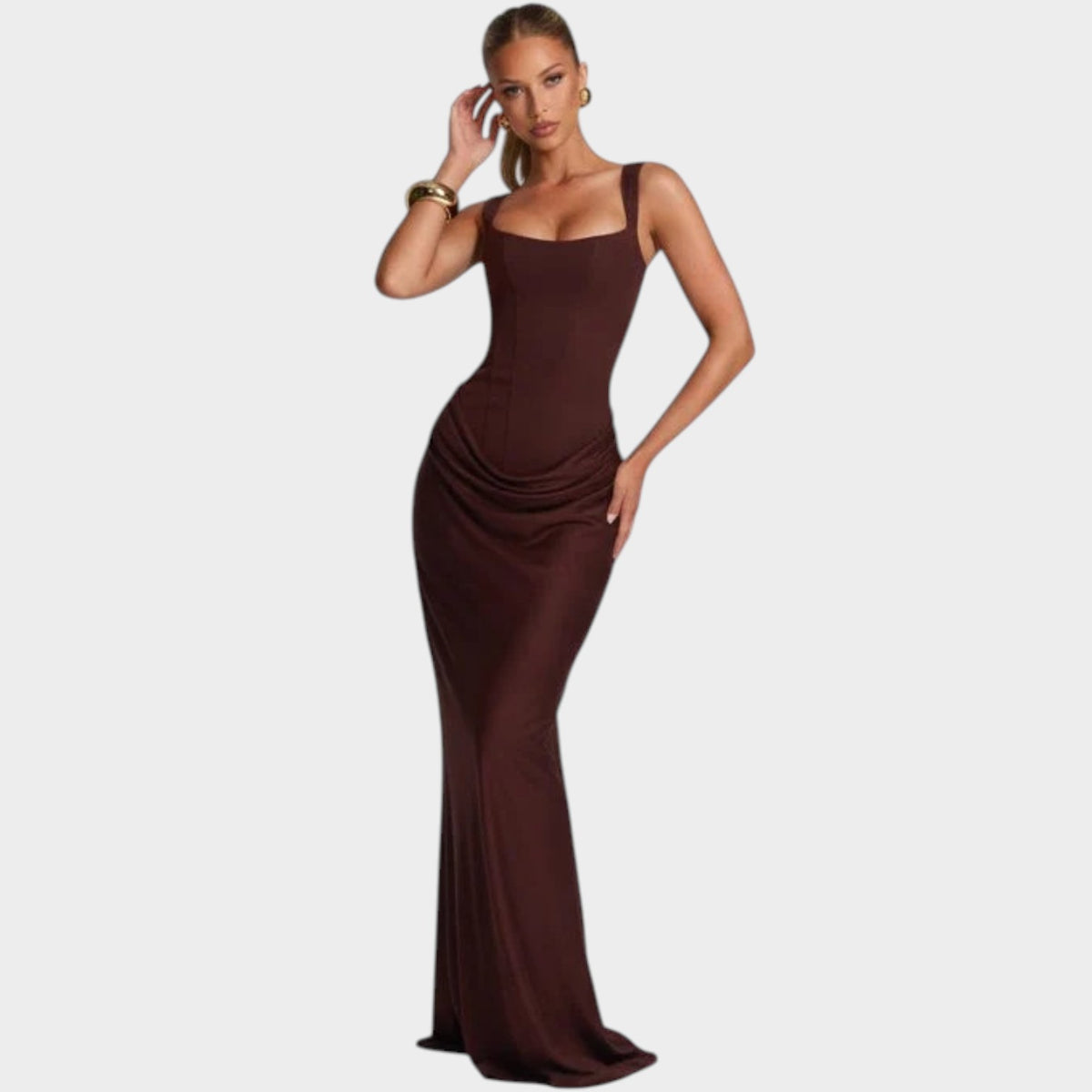 Women’s Sleeveless Maxi Evening Dress with Square Neckline and Draped Skirt