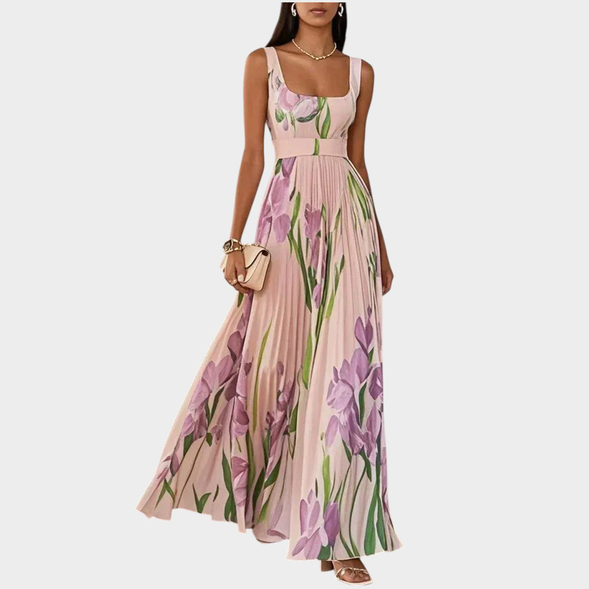 Women’s Floral Pleated Maxi Dress with Square Neckline and Wide Straps