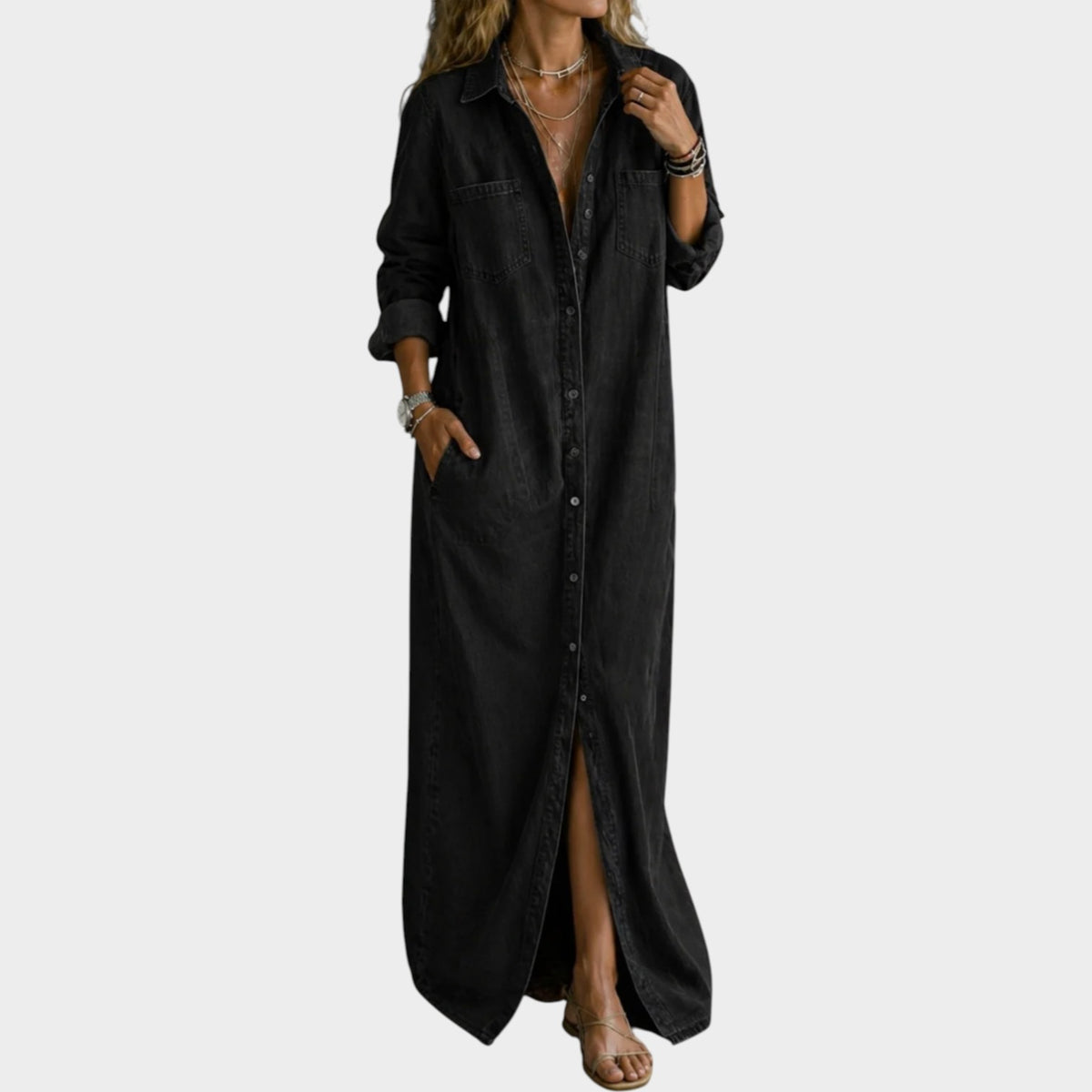 Women’s Denim Shirt Maxi Dress with Button-Down Front and Side Pockets