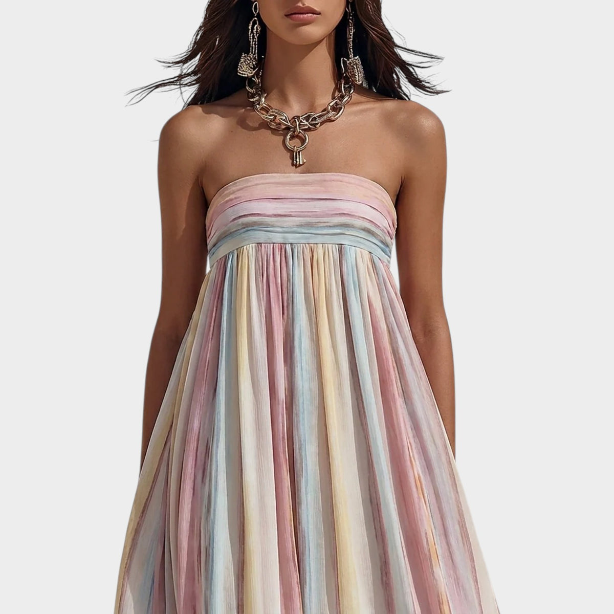 Women’s Strapless Striped Maxi Dress with Square Neckline and Flowy Skirt