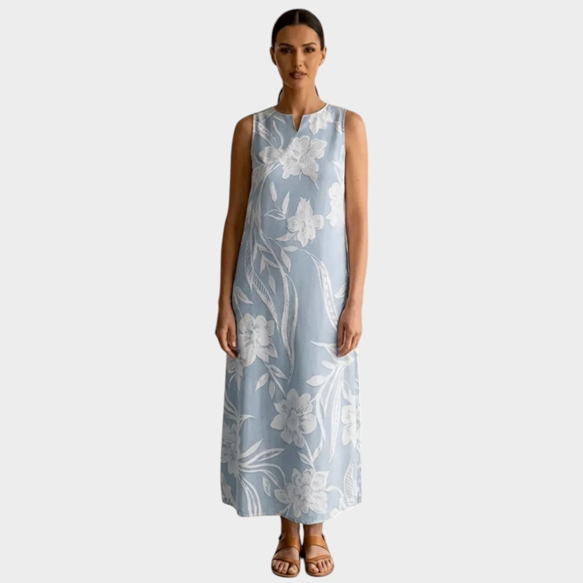 Women’s White Floral Maxi Dress Sleeveless Notch Neck A-Line