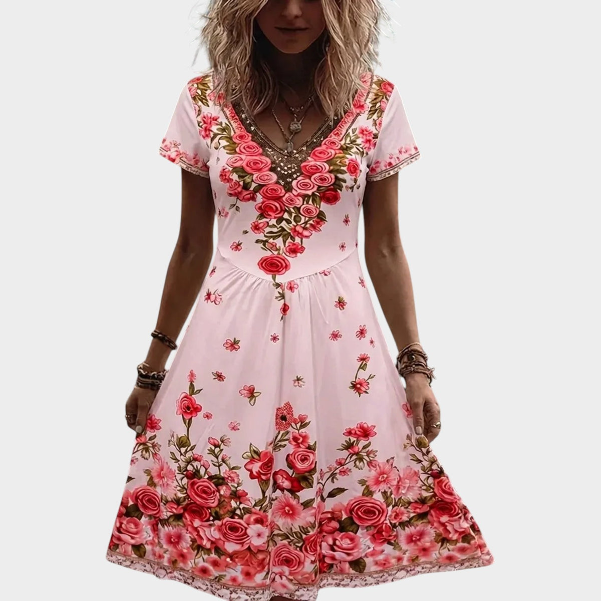 Women’s Floral V-Neck Midi Dress with Short Sleeves
