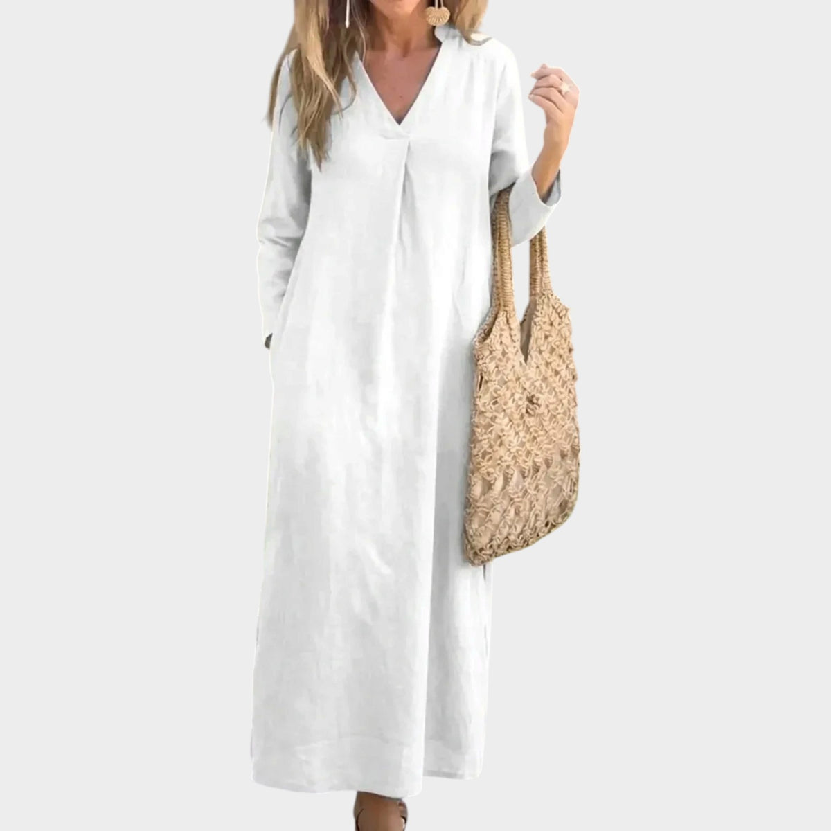 Women’s Cotton and Linen Maxi Dress with V-Neck and Short Sleeves