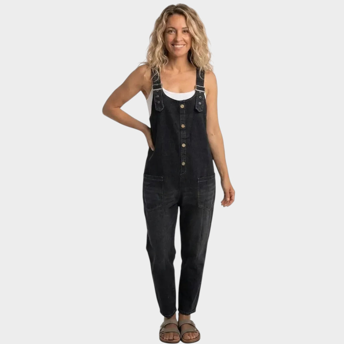 Women’s Denim Overalls Wide-Leg Adjustable Buckle Straps Front Pockets
